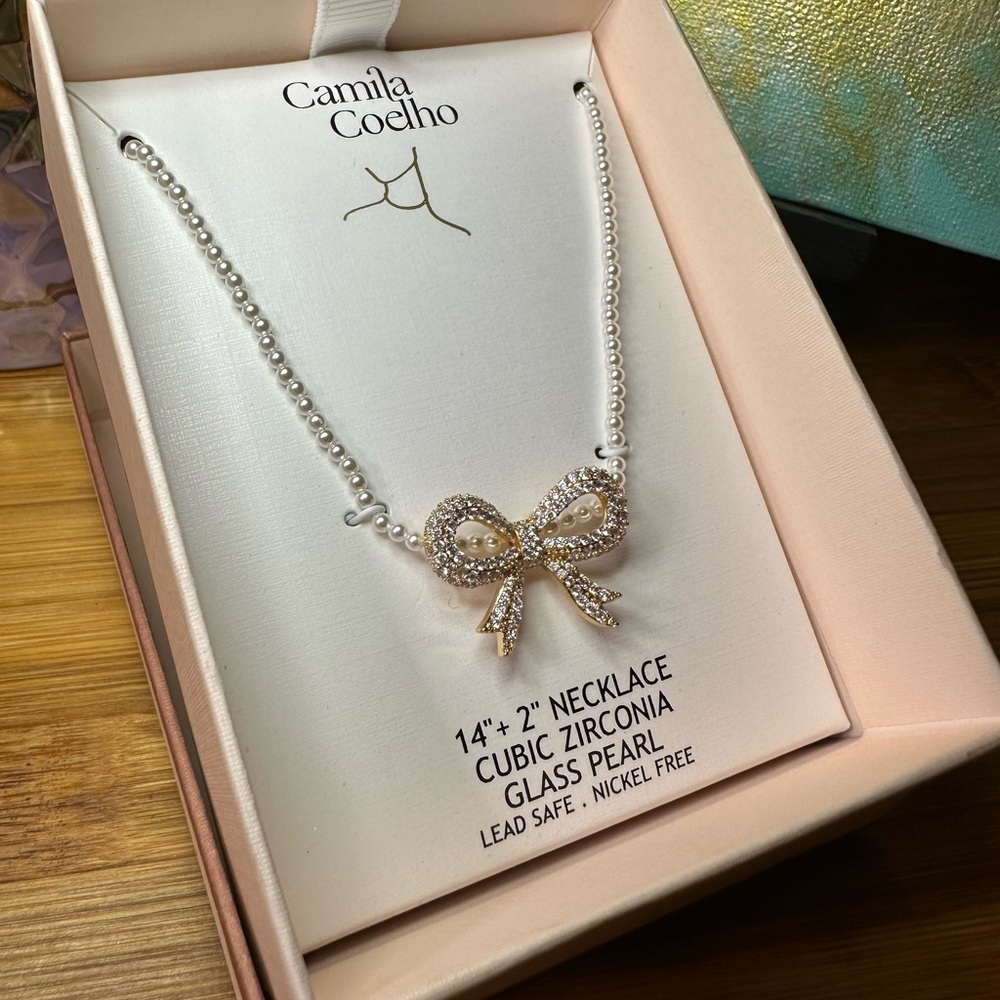 Camila Coelho Silver Cubic Zirconia Bow Necklace on strand of small faux pearls - Picture 7 of 10